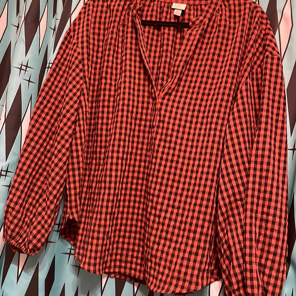 💍✨A New Day Popover Orange & Black Gingham Long Balloon Sleeve Blouse-sz XXL✨💍